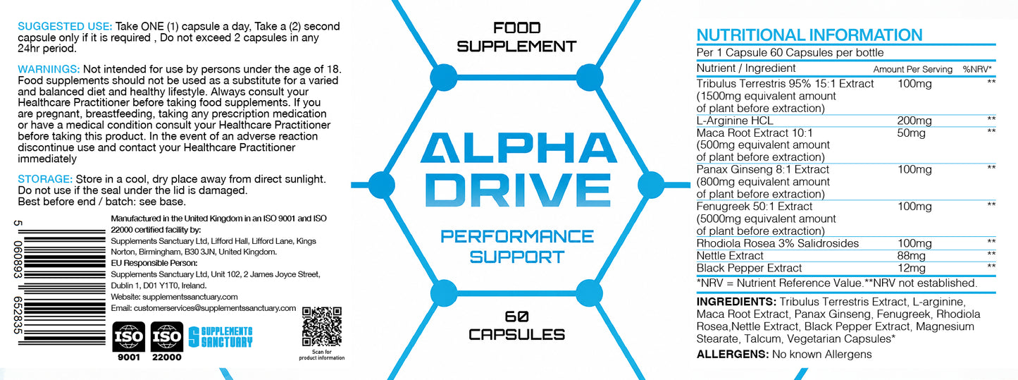 Alpha Drive Performance Support Capsules | Tribulus, L-Arginine, Maca, Panax Ginseng & Fenugreek | 60 Vegan Capsules