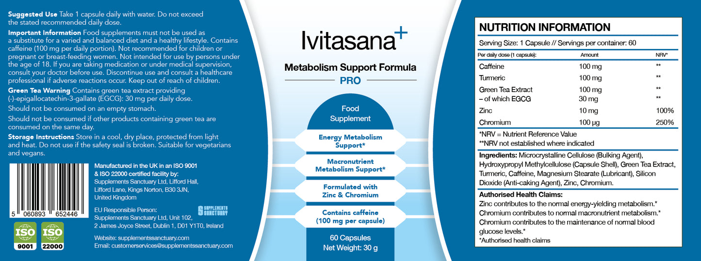 vitasana+ Metabolism Support PRO – Zinc & Chromium Formula with Green Tea & Caffeine – 60 Vegan Capsules