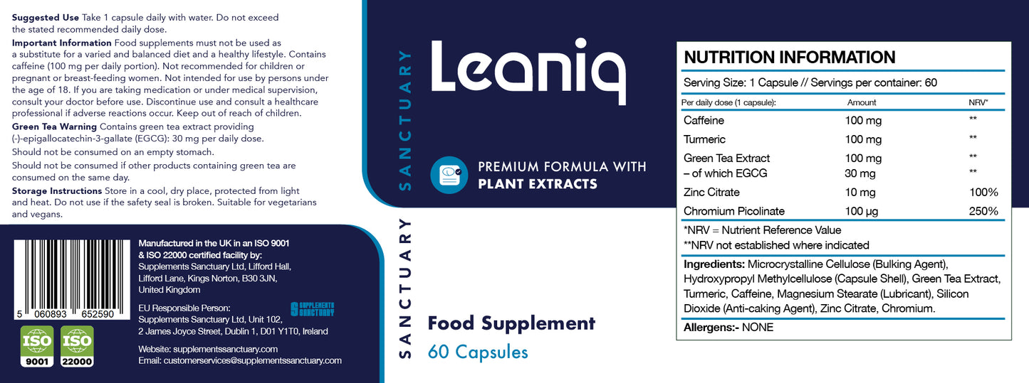 Leaniq Metabolic Support – Green Tea, Chromium & Zinc with Caffeine – 60 Vegan Capsules