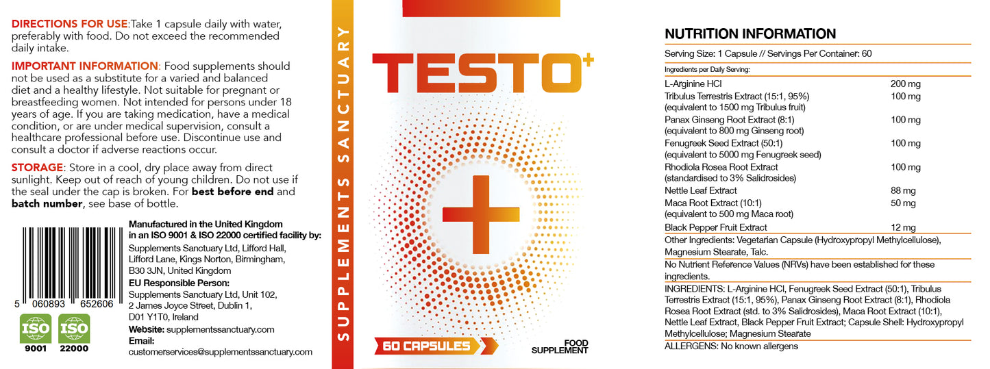 TESTO+ Male Vitality Formula – L-Arginine, Tribulus, Fenugreek & Ginseng – 60 Vegan Capsules