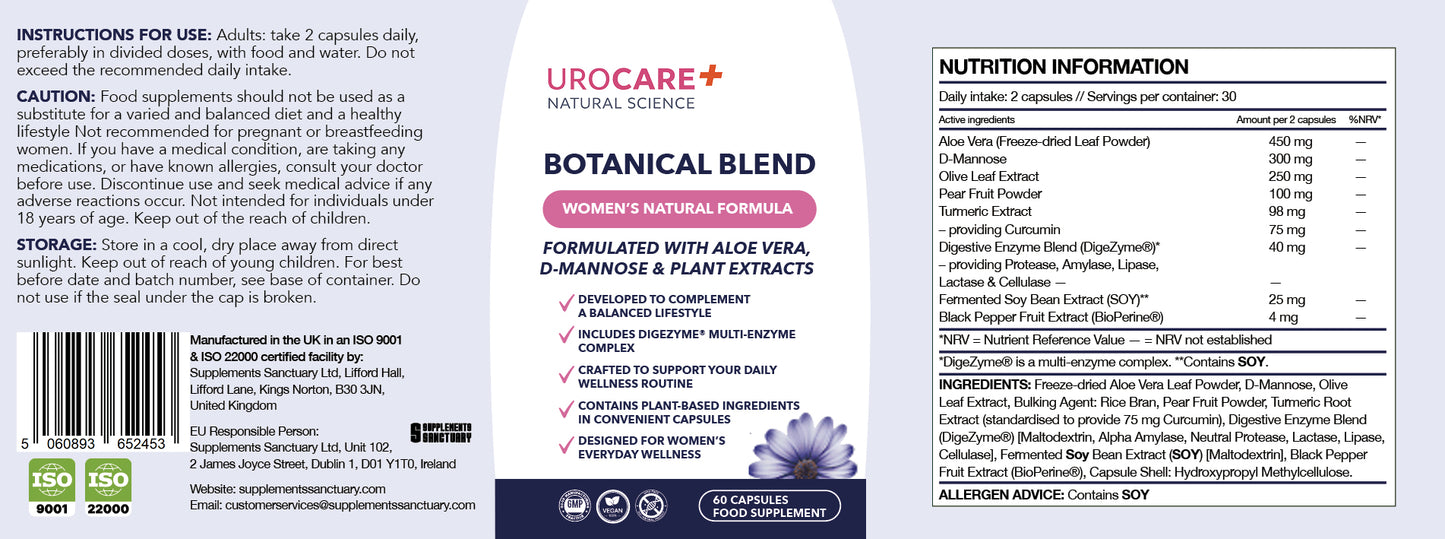 Urocare+ Women’s Wellness Formula – D-Mannose, Aloe Vera & Olive Leaf – 60 Capsules