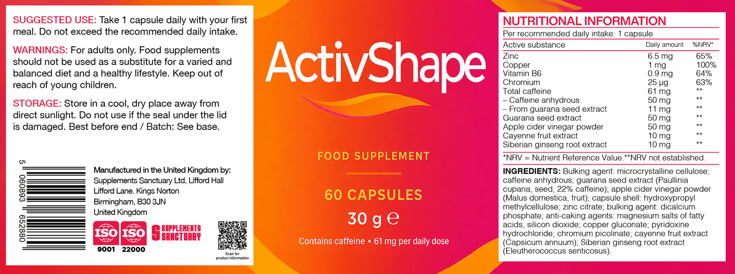 ActivShape Food Supplement – Caffeine, Guarana, Apple Cider Vinegar, Zinc & Chromium – 60 Capsules