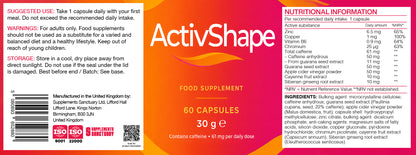 ActivShape Food Supplement – Caffeine, Guarana, Apple Cider Vinegar, Zinc & Chromium – 60 Capsules