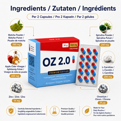 OZ 2.0 Premium Edition – Matcha, Spirulina, Apple Cider Vinegar, L-Carnitine, Zinc & Chromium Food Supplement – 60 Capsules
