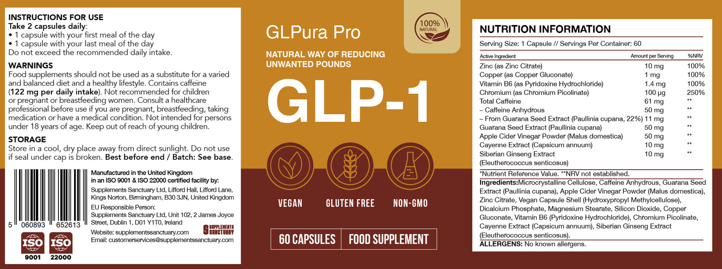GLPura Pro Metabolic Support Formula – Chromium, Caffeine & Apple Cider Vinegar – 60 Vegan Capsules