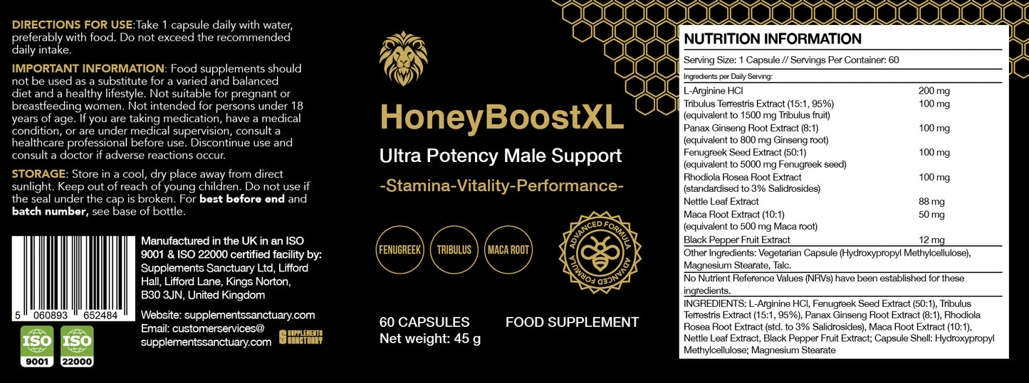 HoneyBoostXL Male Support Formula – L-Arginine, Tribulus, Maca & Ginseng – 60 Vegan Capsules