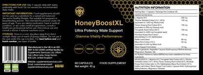 HoneyBoostXL Male Support Formula – L-Arginine, Tribulus, Maca & Ginseng – 60 Vegan Capsules