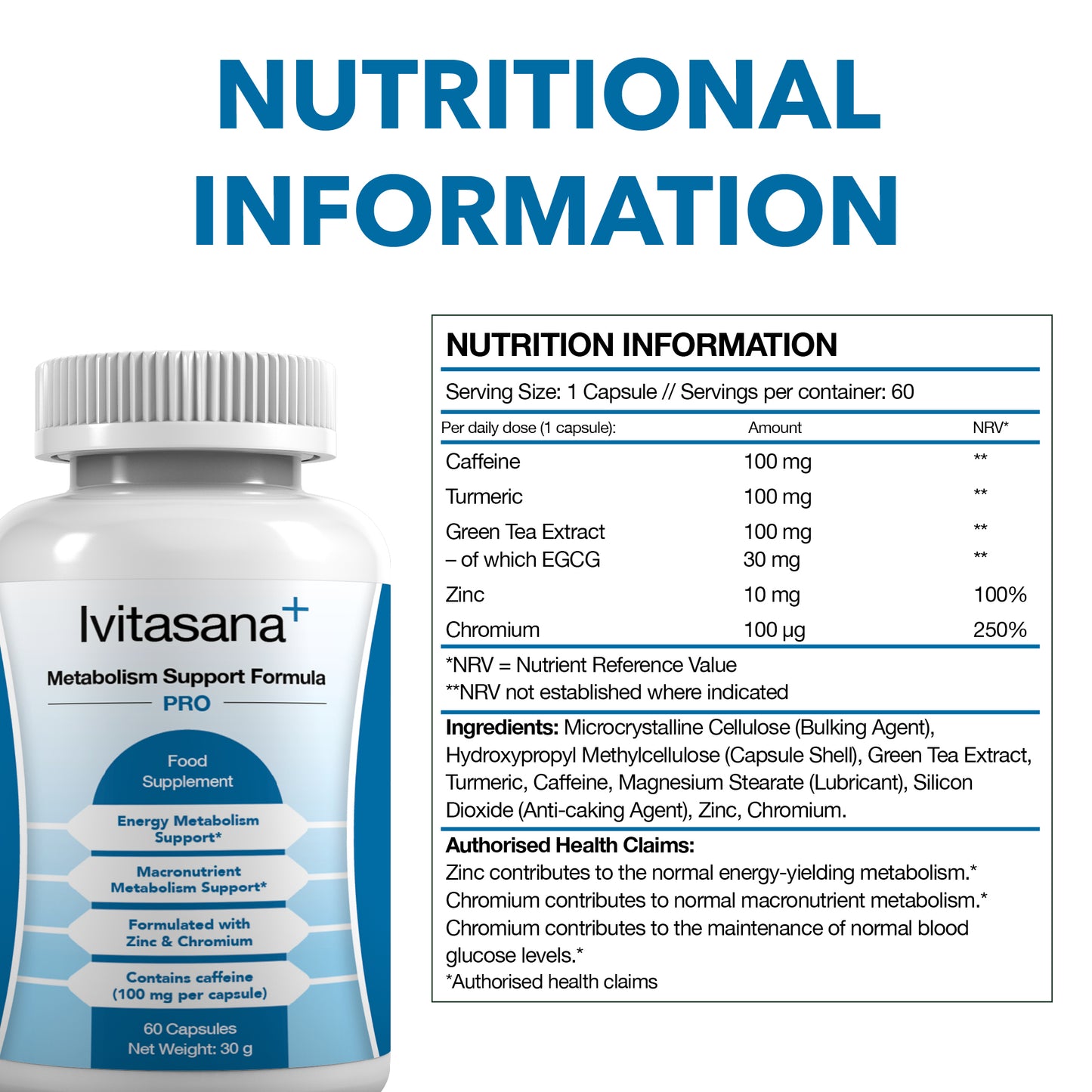 vitasana+ Metabolism Support PRO – Zinc & Chromium Formula with Green Tea & Caffeine – 60 Vegan Capsules