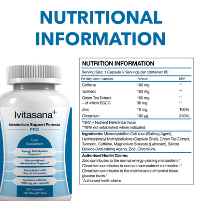 vitasana+ Metabolism Support PRO – Zinc & Chromium Formula with Green Tea & Caffeine – 60 Vegan Capsules