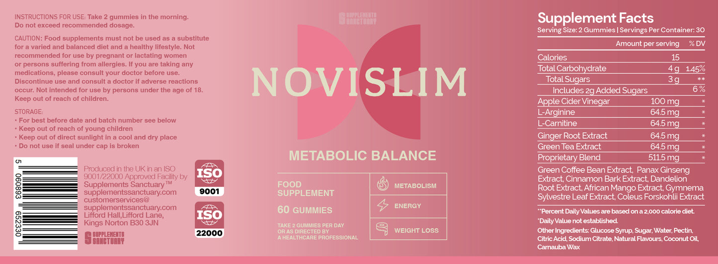 NOVISLIM Metabolic Balance Gummies – Apple Cider Vinegar & Green Tea – 60 Gummies