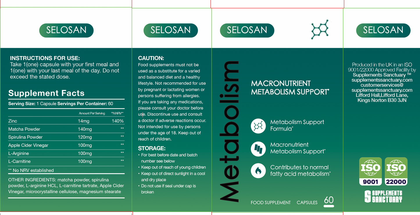 SELOSAN Metabolism Support – Matcha, Spirulina & L-Carnitine – 60 Capsules