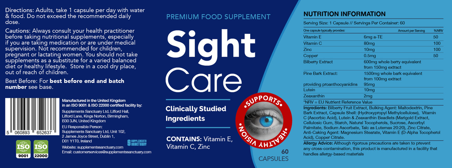 Sight Care Eye Support Formula – Lutein, Zeaxanthin, Bilberry & Zinc – 60 Capsules