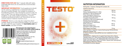 TESTO+ Male Vitality Formula – L-Arginine, Tribulus, Fenugreek & Ginseng – 60 Vegan Capsules